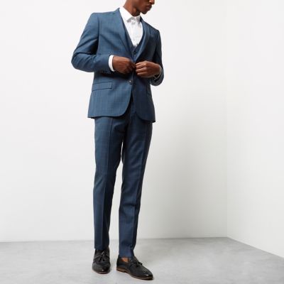 Blue check slim fit waistcoat